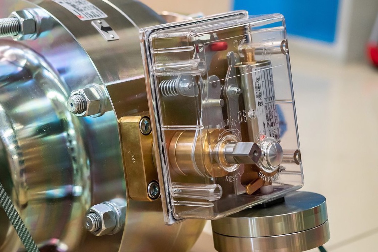 Close-up of a purpose-built instrument assembly, machined housing and sealed window.